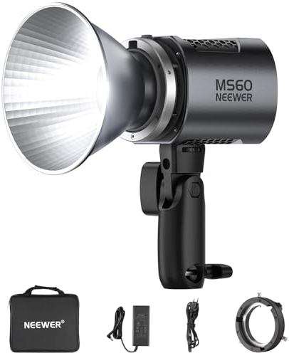 NEEWER MS60 Videoleuchte LED Studiolicht mit 2,4G/APP Steuerung, 65W Dauerlicht 5600K Tageslicht Mini COB Videolicht, 40000Lux/1m CRI 97+/TLCI 98+ 9 Effekte, 0–100% PWM Dimmung, Bowens Mount Adapter