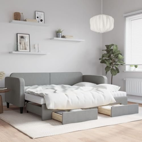 THOYTOUI Tagesbett Ausziehbar, Bettsystem Bett Betten Massivholzbett Geeignet für Wohnung Gästezimmer Schlafzimmer Hotel mit Schubladen Hellgrau 80x200 cm Stoff