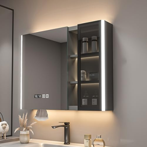 MPFYRCOJ Beleuchteter Medizinschrank mit Spiegel, Aufbewahrungsregal, Badezimmer-Aufbewahrungsorganisator mit beschlagfreier Aufbewahrung, Uhr- und Temperaturanzeige, moderner, intelligenter Medizins
