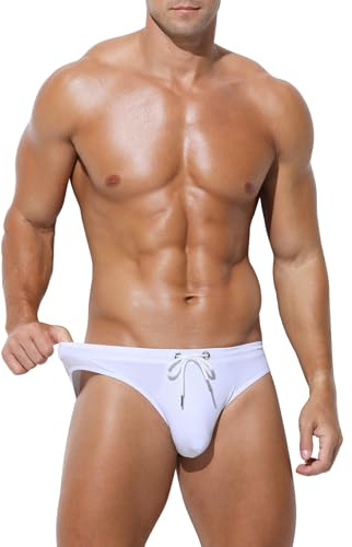 Arjen Kroos Mens Mesh Bikini Underwear Breathable Swim Briefs Drawstrings Waist Bikini Swimwear,White,Small