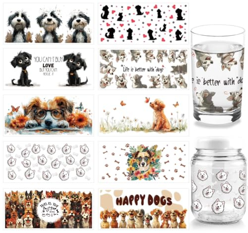 arricraft 10 Blatt UV DTF Becherfolie Mit Hundemotiv Für 16 oz Glas „Life Is Better With Dogs“ Abziehbilder Zum Aufreiben Cartoon Pfotenabdruck Knochen Herz Tier Transferaufkleber