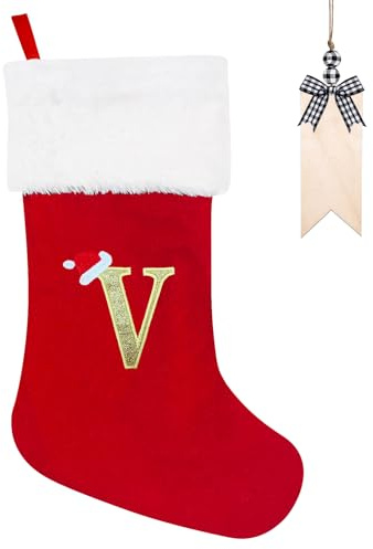 Weihnachtsstrumpf Personalisiert 50cm Großer Nikolausstrumpf mit Buchstaben Plüsch Stockings Hängender Weihnachtsmann mit Namensschild Ornamente Weihnachtsdekorationen für Weihnachtsbaum und Heim (V)