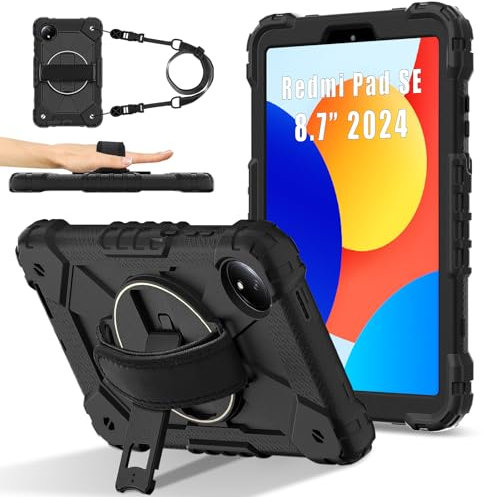 Compatibile con Xiaomi Redmi Pad SE 8.7 4G Rilasciato 2024, resistente TPU Cover 360 Rotante Cinghia da Polso e Supporto+Tracolla per Redmi Pad SE 8.7 4G Tablet Case (Nero Nero)