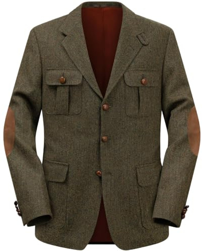 RAJEGAR Cappotto in tweed da uomo a spina di pesce, stretto, monopetto, misto lana, blazer, giacche, casual, caldo, cappotto vintage, verde, L