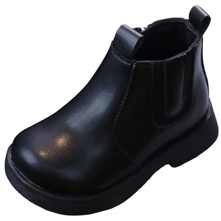 Maeau Bottines pour Enfant Fille Bottes en Cuir Petite Garçon Bottes Courtes Bottes Cheville Brillantes Imperméable Bottes Plates Vernis Noir 29 Chaussures Antidérapant Bottes avec Fermeture Éclair