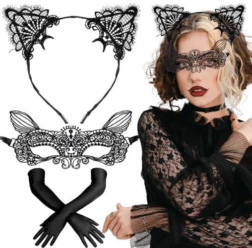 AIBAOBAO Katzenmaske Damen Fasching mit Katzenohren Haarreif Handschuhe Lang, Venezianische Maskerade Maske Spitze, Catwoman, Schwarz Augenmaske Sexy für Halloween Karneval Abendkleid Tanz Ball Party