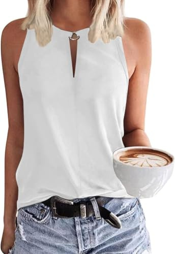 SENBATU Camiseta sin Mangas para Mujer, Blusas Informales de Verano con Cuello en V Liso Blanco X-Large XL 46-48