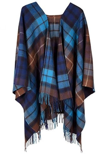 BRAW CLANS TARTANS Poncho cape en laine d'agneau – 140 x 180 cm – 100 % laine – tartan bleu marine Buchanan – Scottish Heritage – Couche élégante pour une tenue décontractée et de soirée, Buchanan
