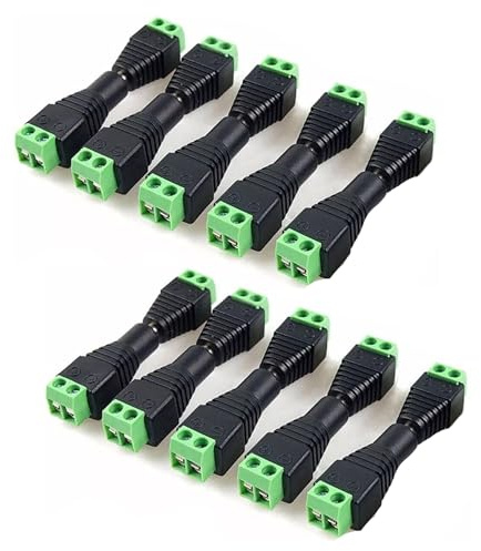 Auroh DC Power Connector 5.5x2.1mm 10 Pack - Male & Female Jack Plug | Solderless screw-terminal DC connectors for CCTV cameras, LED strip lights and DVR power leads. 5.5mm x 2.1mm.