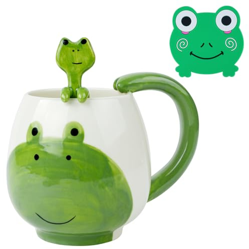 AOOTE Taza de Rana, 400 ml, taza de té cerámica con cuchara y posavasos para hombre y mujer