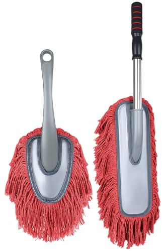 IPELY Paquete de 2 plumeros grandes para coche, sin arañazos, con mango extensible e interior de automóvil, plumeros de algodón encerado para el pelo (rojo)