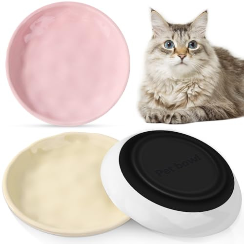 Vikcvcsc 3 Piezas Comedero Gato, Comedero Gato Ceramica con Base de Silicona Antideslizante, Cuenco Plano para Gatos, Alivia la Fatiga de la Barba, Cuenco Colorido para Gatos y Animales Pequeños