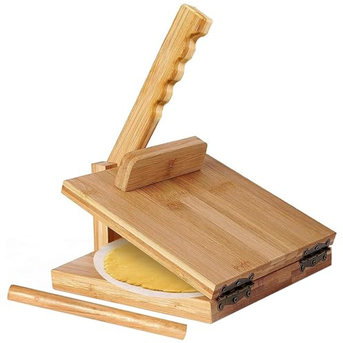 Tortillapress 25 cm, roterbar tortillapress i bambumjöl, lätt att rengöra, chapati-tillverkare med kavel och pergamentpapper för kök
