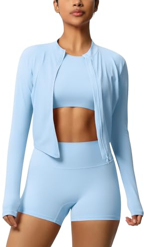 IDOPIP Ensemble de sport pour femme 3 pièces avec veste de sport : veste de course + legging court + débardeur à manches courtes avec soutien-gorge – Vêtements de sport pour le sport, le fitness, le