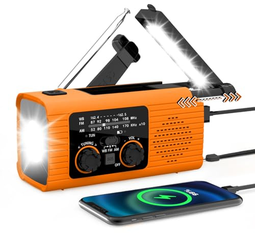 Radio solaire à manivelle, AM/FM/WB, portable, avec batterie rechargeable de 4000 mAh, port USB, lampe de poche LED et lampe de lecture rotative à 180°, alarme SOS, récepteur mondial pour camping