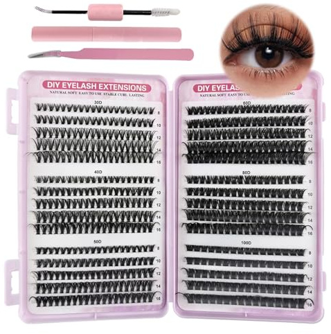 VEGCOO 570 Pezzi Ciglia Finte Ciuffetti, 30-40-50-60-80-100D Kit Extension Ciglia, Curl Ciglia Finte Ciuffetti 8-16mm, DIY Eyelash Extension Kit con Accessori