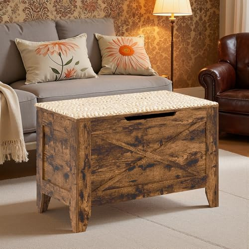 VECELO 30 Storage Chest with Lift Top Storage, Farmhouse Style Ottoman with Handwoven Wicker Cushion, Safety Hinges, Ideal for Entryway, Bedroom, Living Room, Walnut Brown