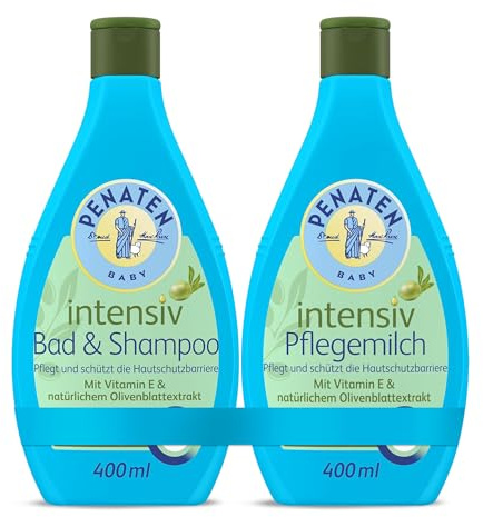 PENATEN Intensiv Pflege-Set – Baby Bad & Shampoo + Bodylotion (je 400 ml) – Sanfte Reinigung & 24h Feuchtigkeit mit Vitamin E & Olivenblattextrakt – Für trockene & sensible Babyhaut