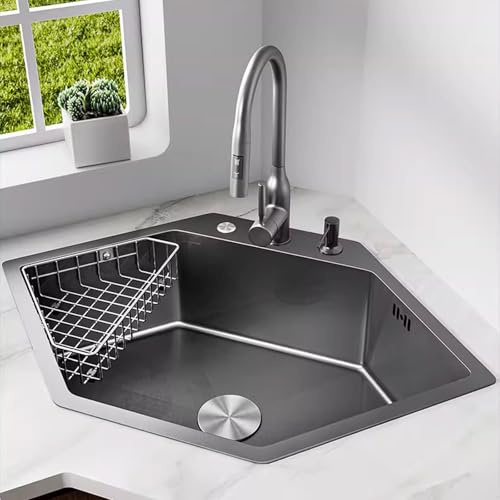 Fregadero Cocina Esquinero de Acero Inoxidable, Fregadero de Bar con Forma de Diamante, Sobre Encimera O Bajo Encimera, con Colador y Desagüe, for Restaurantes, Cocinas y Hogares