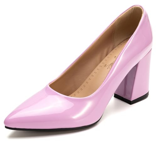 Qynthra Women's Classic Slip-On Block Heel Pumps Pointed Toe Chunky High Heels Casual Dress Court Shoes for Office and Daily Commute,Lilac,6.5 UK