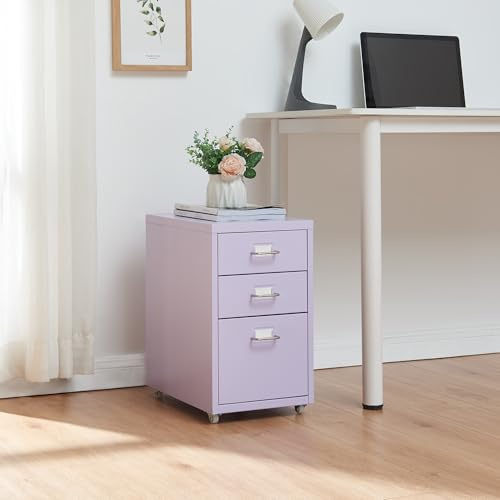 [en.casa] Rollcontainer Kökar Schubladenschrank Metall Aktenschrank mit 3 Schubladen Bürowagen mit Rollen für Arbeitszimmer 48 x 28 x 41 cm Lila