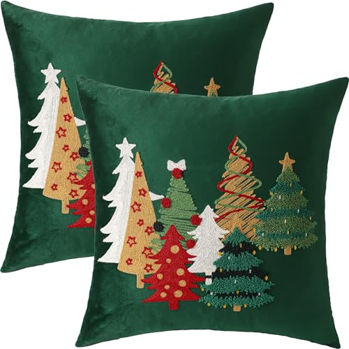 Tosleo Lot de 2 Housse de Coussin Noël en Velours Arbres de Noël Brodé Verte Hiver 45 x 45 cm Xmas Taie d'oreiller Doux pour Canapé Salon Chambre Chaise Jardin Maison Vacances Décoration