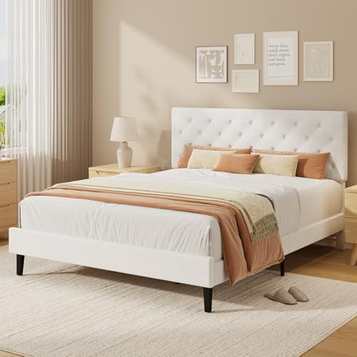 HOMBCK King Size Bed Frame with Adjustable Headboard, 150 x 200 cm, White | Upholstered Bed, Wooden Slats, Easy Assembly, No Box Spring Needed, Heavy Duty