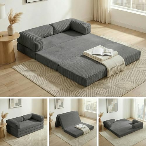 NLDD Convertible Sofa Bed,5-in-1 Tri-Fold Boneless Couch with Removable Armrests & Handle,Corduroy Futon Sleeper Sofa,Floor Folding Mattress Pull Out Bed for Small Space Apartment Living Room Bedroom
