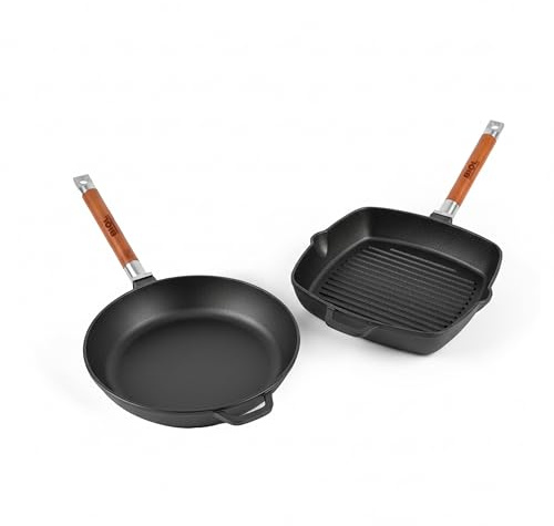 BIOL Juego de sartenes de hierro fundido con parrilla, redondas y cuadradas, con asas de madera extraíbles, (Juego de sartén de 28 cm + sartén grill de 26 cm)
