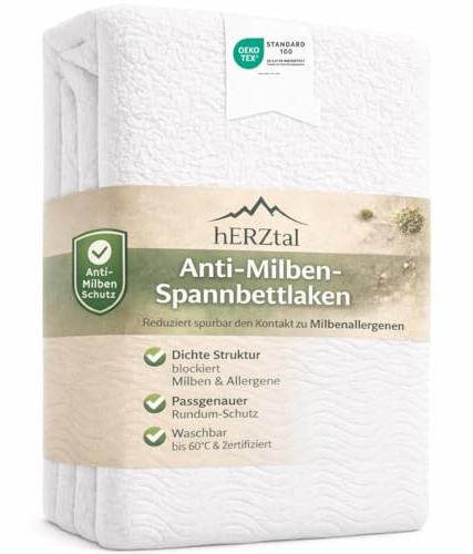 HERZtal Anti-Milben Spannbettlaken, Weiß, 90x200 cm, Allergiker Matratzenschutz, Atmungsaktiv, Waschbar bis 60°C, Oeko-TEX Zertifiziert (180x200 cm)