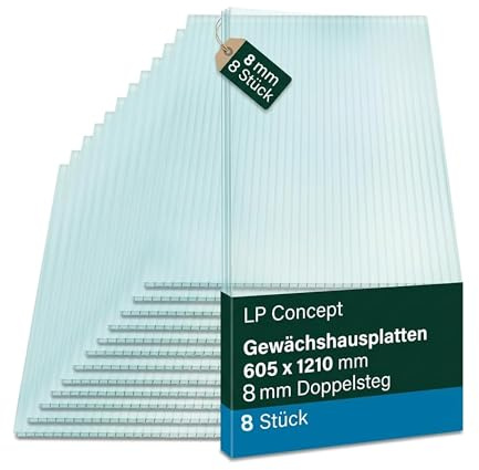 LP Projekt Gewächshauspaneele 605 x 1210 mm – Polycarbonat Gewächshausplatten 8 mm mit 8er Pack | Doppelstegplatten mit UV beständigen und witterungsbeständigen hohlkammerplatten für Gewächshausdächer