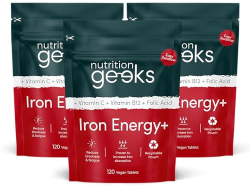 Iron Tablets High Strength - Energy Tablets with Vitamin C, B12 & Folic Acid - 360 Vegan Iron Supplements for Women and Men - 14mg - Enhanced Energy Support & Increased Absorption - UK - 1 Year Supply