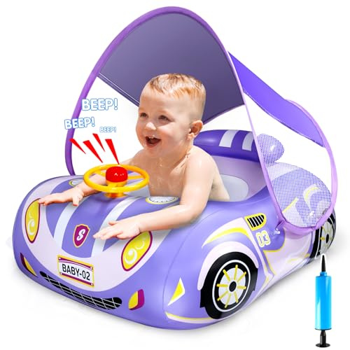 RDDAIPE Simring med ratt och tak, baby simring bil med soltak SPF50+ från 1 år, simdäck baby med solskydd, baby simringar för baby, småbarn från 1–4 år, lila