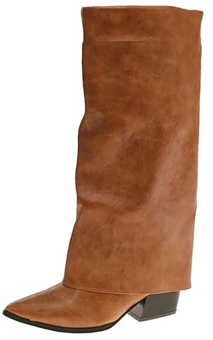Knähöga slouchy stövlar för kvinnor breda axelskor med låg blockklack, Khaki, 39 EU | Knähöga slouchy stövlar för kvinnor med låg blockklack för vardaglig användning och bekväma urban kläder