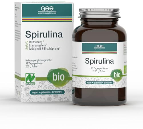 GSE Naturland Bio Spirulina Pulver 200 g mit 16 mg Eisen, zertifizierte Naturland-Bio-Qualität Eisen für normale Blutbildung, vegan