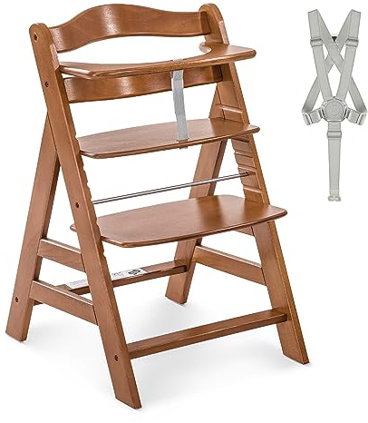 hauck Chaise Haute Bébé Alpha Plus, Évolutive dès 6 Mois, Inclus Harnais 5 Points, Barre de Sécurité, Réglable, Jusqu'à 90 kg, Bois FSC - Noyer