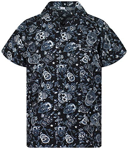 V.H.O. Funkig Hawaii-skjorta för herrar, kortärmad med framficka och Hawaii-tryck, sockerskallar, dödskallar och rosor, 4XL