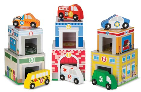 Melissa & Doug Nesting & Sorting Buildings & Vehicles | Wooden Toy & Trains | Trucks & Vehicles | 2+ | Gift for Boy or Girl - FSC Certified