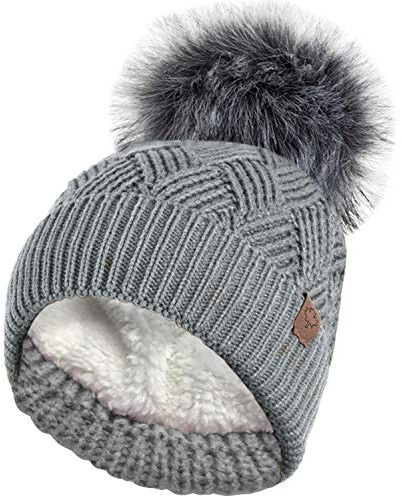 RockJock Ladies Warm Chunky Diamond Cable Knit Hat with Thermal Teddy Fleece Lining and Detachable Faux Fur Pompom-Grey