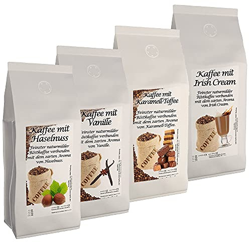 4 x 500 g of the most delicious flavouring coffee types hazelnut, irish cream, vanilla, caramel toffee whole beans