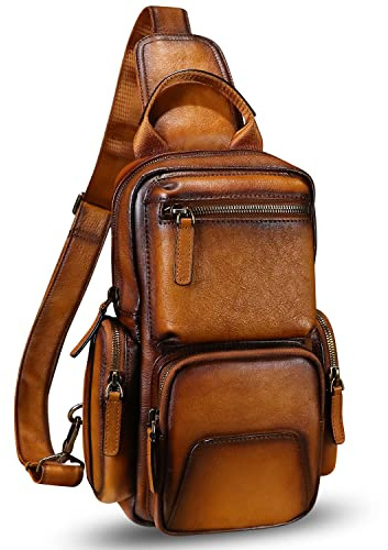 IVTG Genuine Leather Sling Bag Crossbody Casual Hiking Daypack Vintage Handmade Chest Bag Shoulder Backpack Motorcycle Pack (Brown)