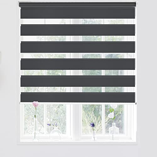 Kokorona Day and Night Zebra Roller Blinds, Dual Layer Fabric Zebra Window Blinds for Bedroom, Light Filtering Privacy Day Night Blinds, 100cm Wide x 150cm Length, Dark Grey