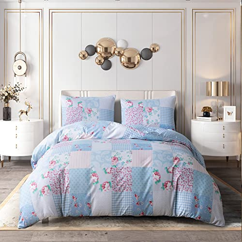 PRIME LINENS Påslakanset 4 st borstat mikrofiber, påslakan, sängkläder, set med örngott och extra anpassat lakan ingår enkel skötsel (blommigt blå, kung)