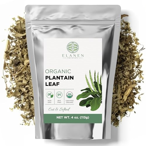 Elanen Naturals Organic Plantain Leaf 4 oz. (113g), USDA Certified Organic Dried Broadleaf Plantain Tea, Dried Plaintain Herb, Cut & Sifted