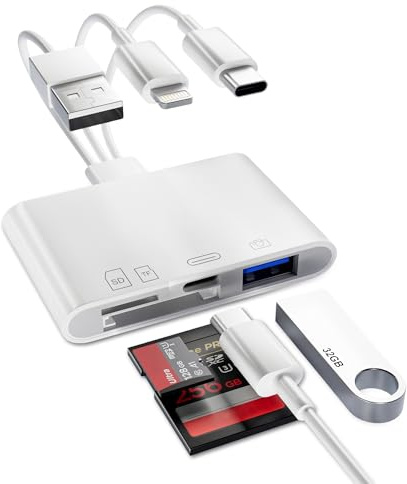 Lector de tarjetas SD para iPhone/iPad, Lightning + tipo C + conector USB A a adaptador de tarjeta SD/TF para SD SDHC SDXC/Micro SD, lector de tarjetas micro SD 4 en 1 y adaptador USB OTG tipo C de