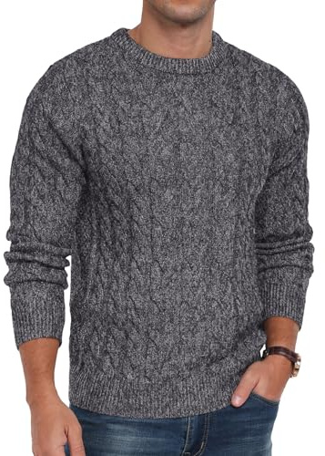 QIXING Jersey de punto trenzado para hombre, cuello redondo, casual, manga larga, suéter de punto grueso con borde acanalado, Vg Gris Oscuro, XL