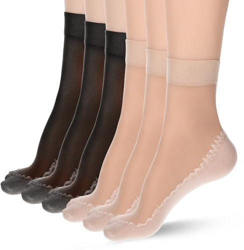 HekouJiub 12 Pares Medias de Nylon Transparentes para Mujer, Calcetines Tradicionales Calcetines Cortos Antideslizantes Medias de Nailon Antideslizantes para Mujer (Negro, Color de Piel)