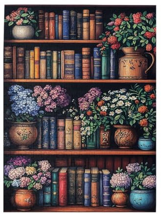 Liorosa Présentoir de jardin littéraire 500 pièces de puzzle en bois pour adulte, couvertures de livres multicolores associées à des arrangements floraux vibrants, chaque pièce est unique, idéal pour