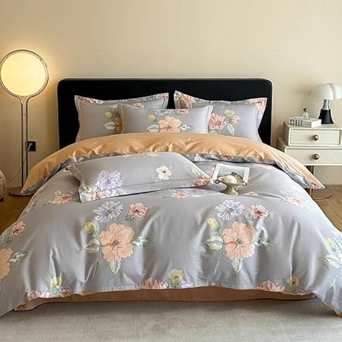 Hynyjxjy Grigio,1.5m, Completo Copripiumino in Puro Cotone Completo Letto Resistente Set Lenzuola Matrimoniale da 4 Pezzi Morbida Biancheria da Letto in Percalle Traspirante con Cerniera E Lacci