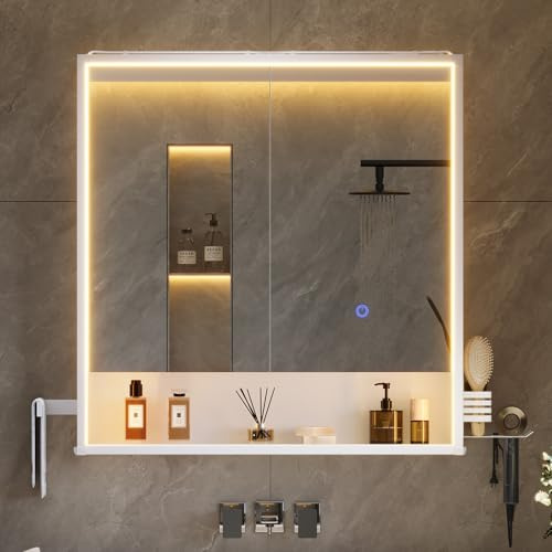 mojiasion 2-türiger LED-Spiegelschrank 70x78x18 cm, Badschrank mit Steckdose, Touch-Sensor & 3 dimmbaren Lichttemperaturen – inkl. Föhnhalter, Handtuchhalter & verstellbarem Einlegeboden – Weiß